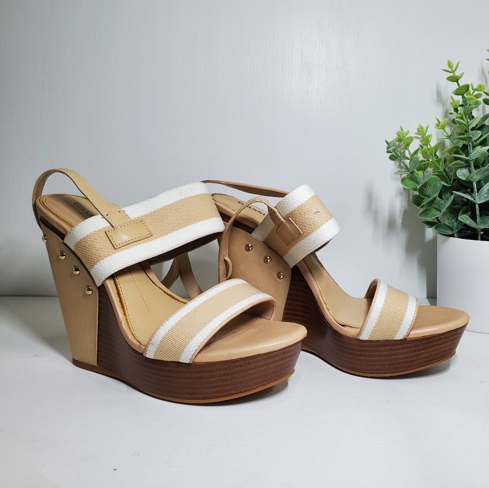 Gianni Bini | Tan & White Open Toe Sandal Wedges